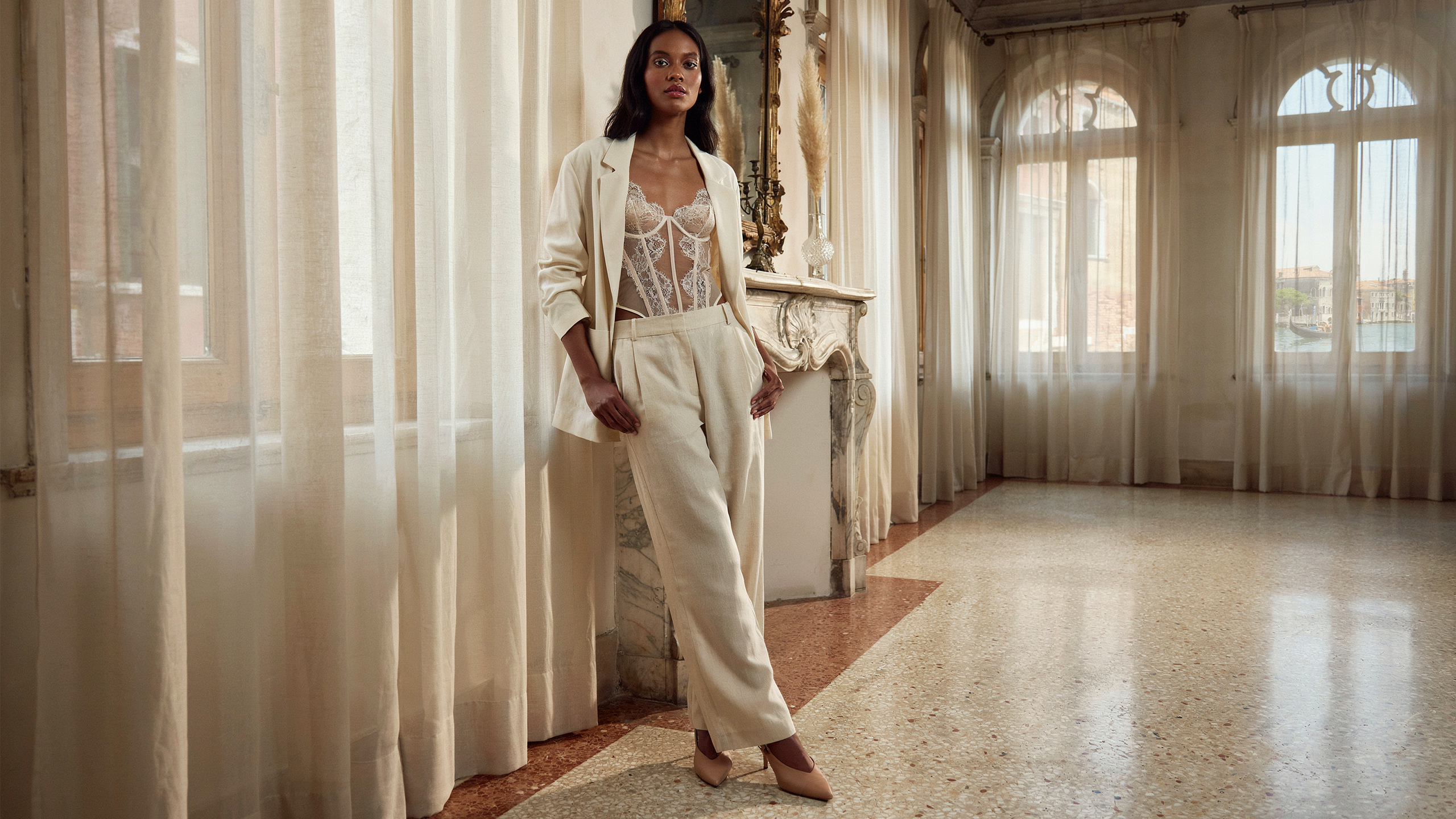 Sheer Lace Corset & Oversized Tailored Blazer